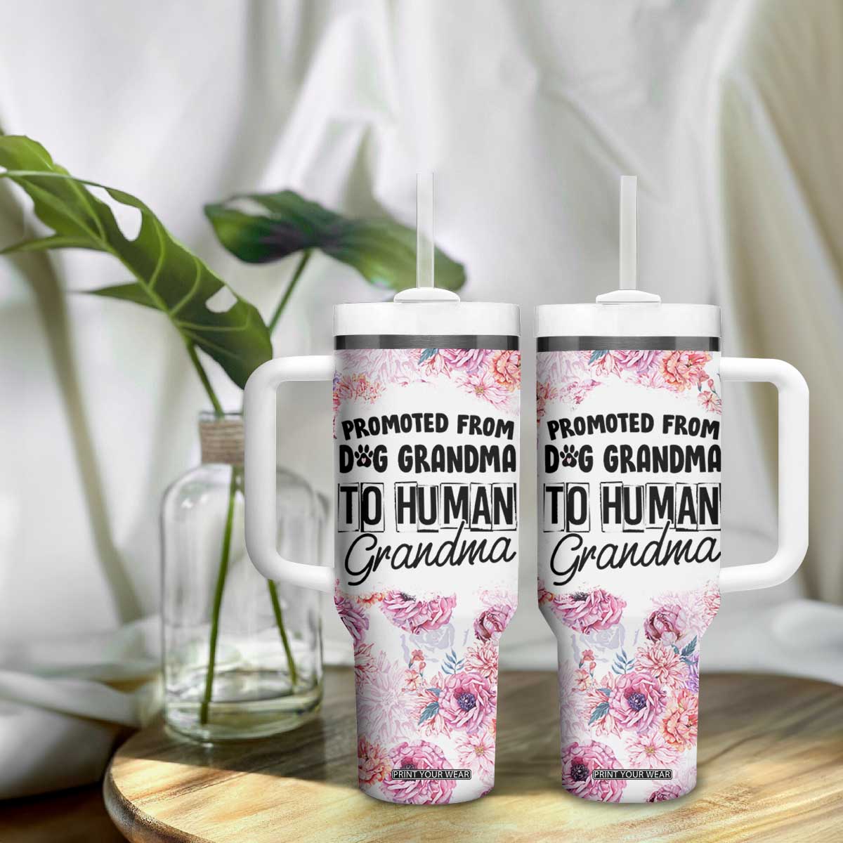 Promoted To Grandma Gift Tumbler With Handle Floral Dog Grandmas To Human Grandma Pregnancy Announcement TB10 Print Your Wear