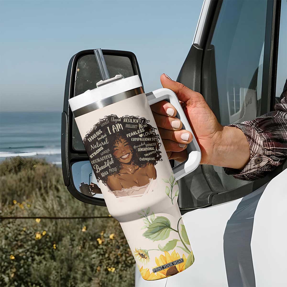 Christian Gifts for Black Women Tumbler With Handle Sunflower African American Afro Black Girl Encouragement Religious Gift TB10 Print Your Wear