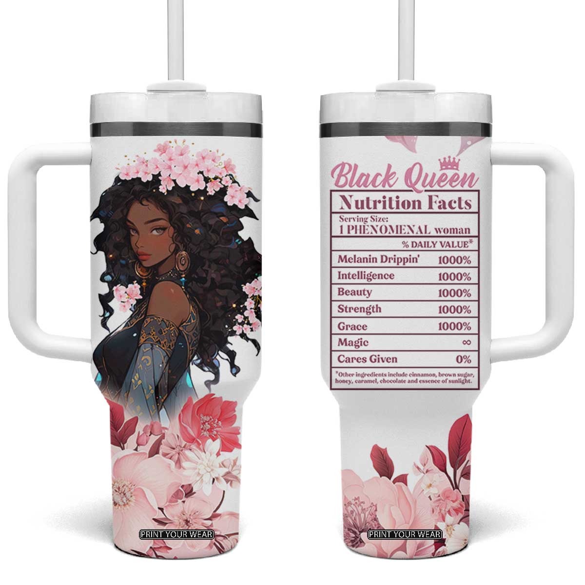 Black Queen Tumbler With Handle Afro Afican Roots Women Floral Juneteenth Black History TB10 One Size: 40 oz White Print Your Wear