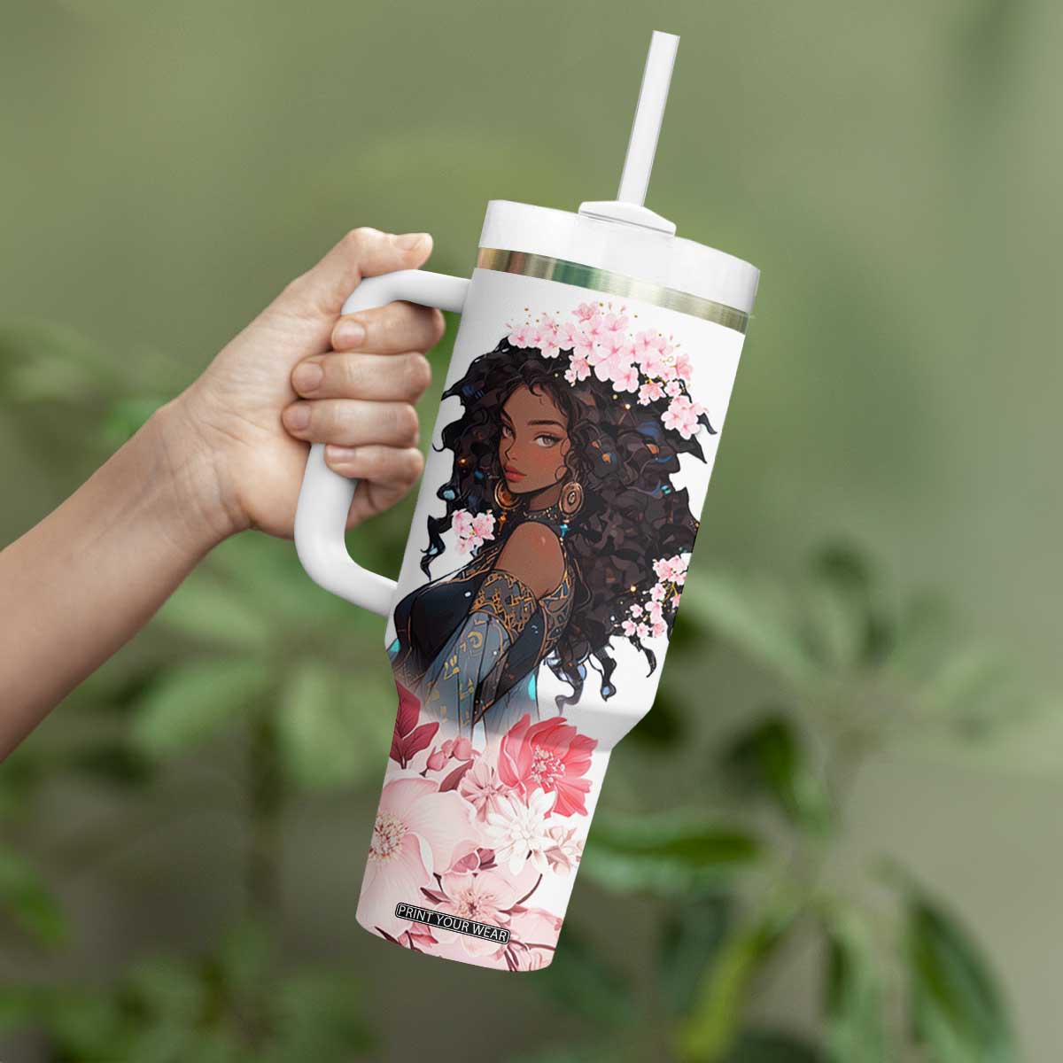 Black Queen Tumbler With Handle Afro Afican Roots Women Floral Juneteenth Black History TB10 Print Your Wear