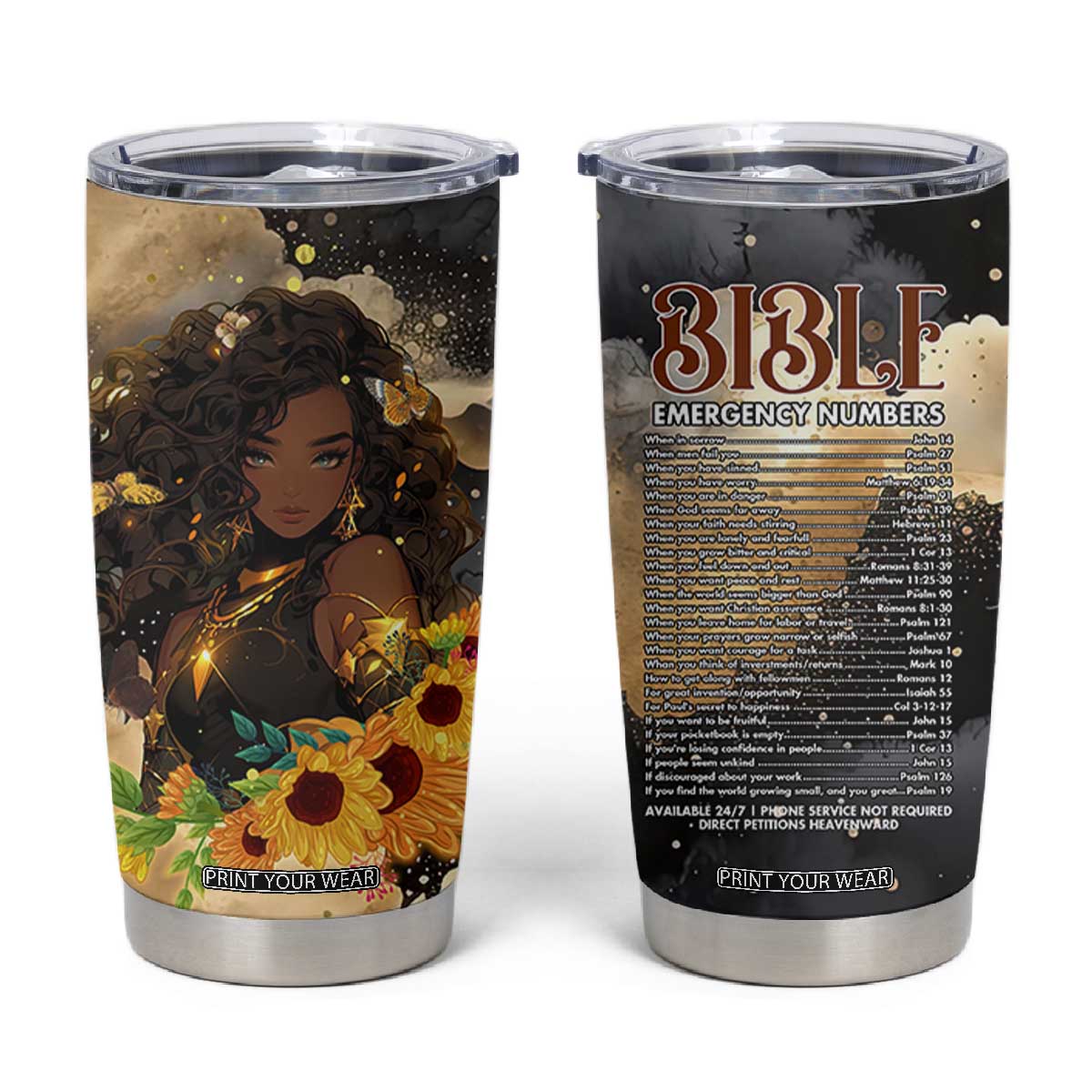 Bible Emergency Numbers Tumbler Cup Bible Verse Religious Gifts For Afro Women TB10 Black Print Your Wear