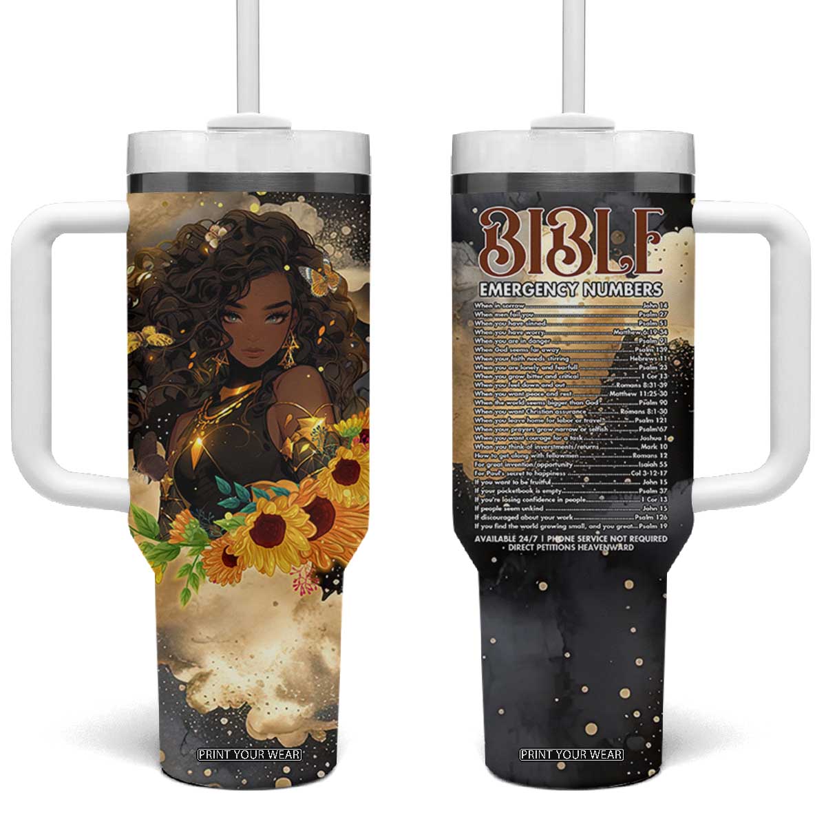 Bible Emergency Numbers Tumbler With Handle Bible Verse Religious Gifts For Afro Women TB10 One Size: 40 oz Black Print Your Wear