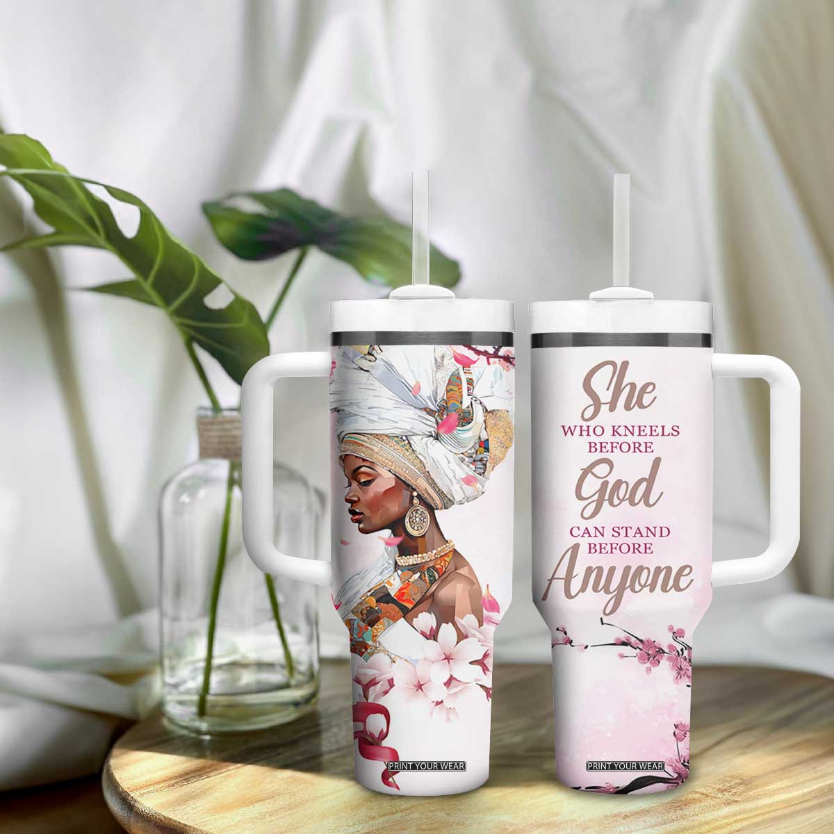 African American Gifts For Women Tumbler With Handle Cherry Blossom Flowers Bible Verse Religious Gifts For Afro Women TB10 Print Your Wear