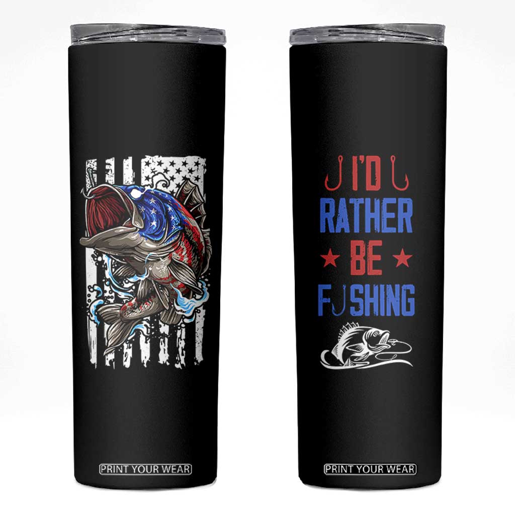 Fishing Gifts Skinny Tumbler Id Rather Be Fishing Bass Fish American Flag TB10 Black Print Your Wear