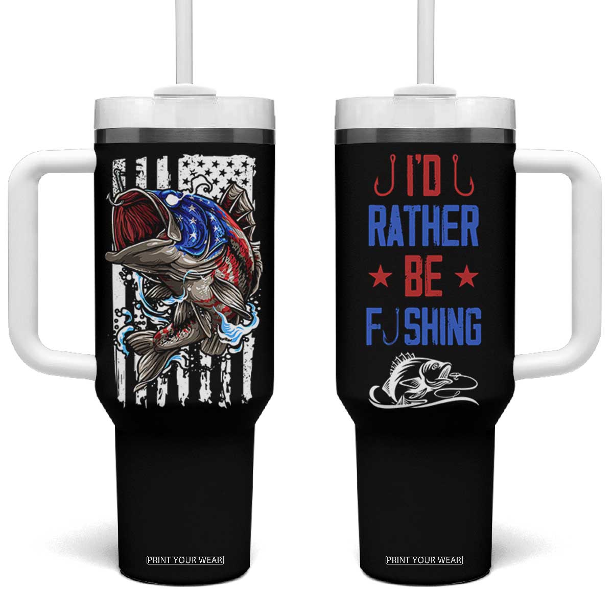 Fishing Gifts Tumbler With Handle Id Rather Be Fishing Bass Fish American Flag TB10 One Size: 40 oz Black Print Your Wear