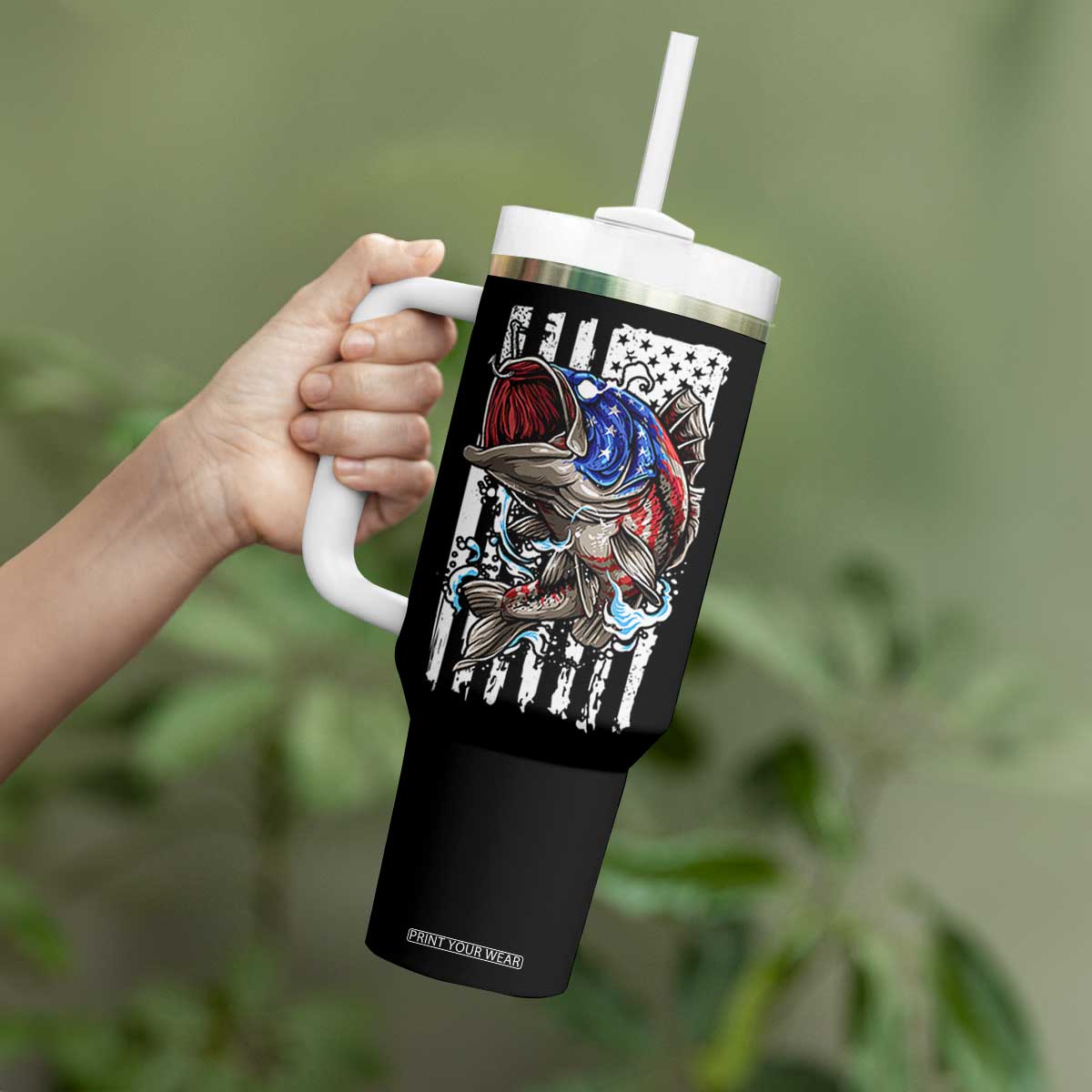 Fishing Gifts Tumbler With Handle Id Rather Be Fishing Bass Fish American Flag TB10 Print Your Wear