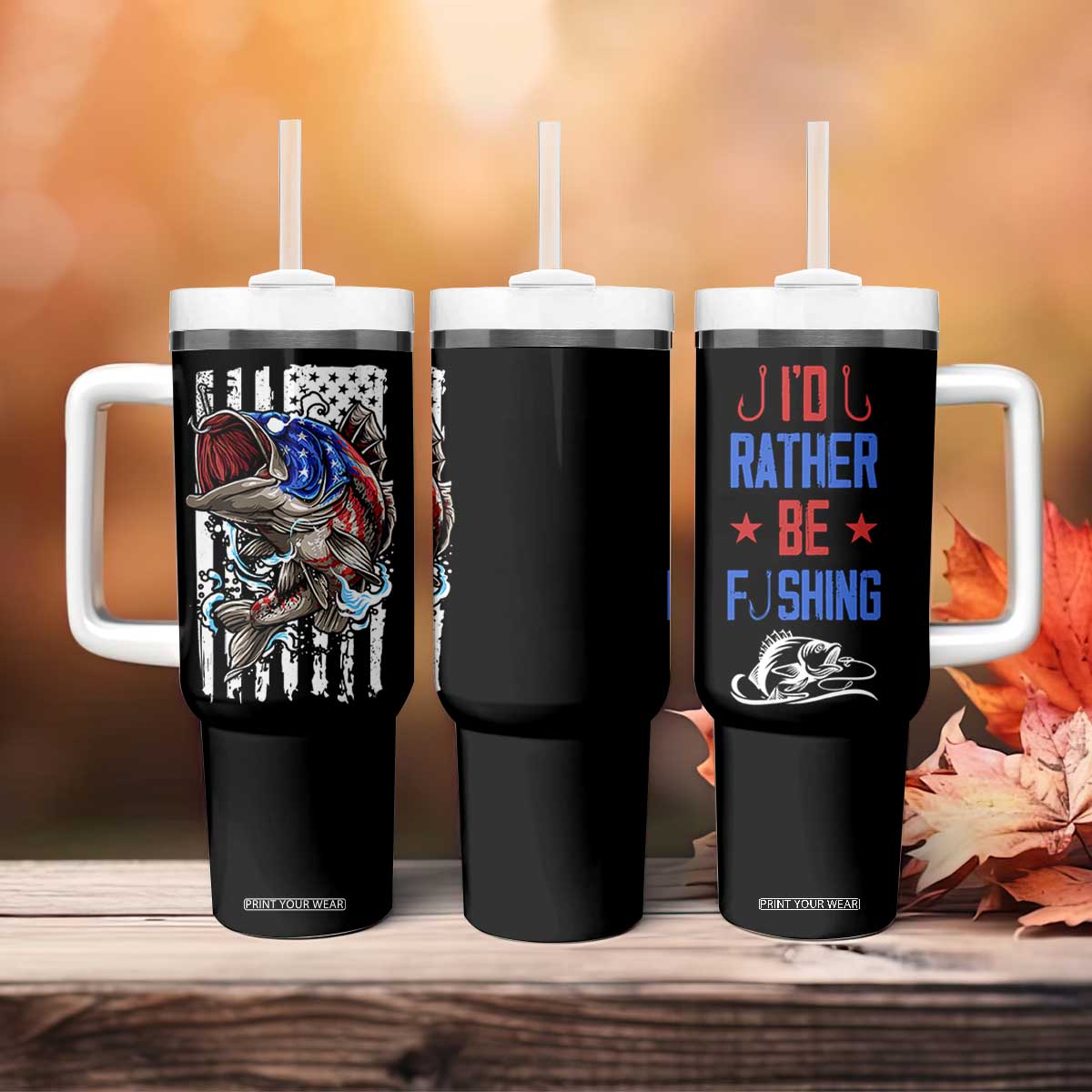 Fishing Gifts Tumbler With Handle Id Rather Be Fishing Bass Fish American Flag TB10 Print Your Wear