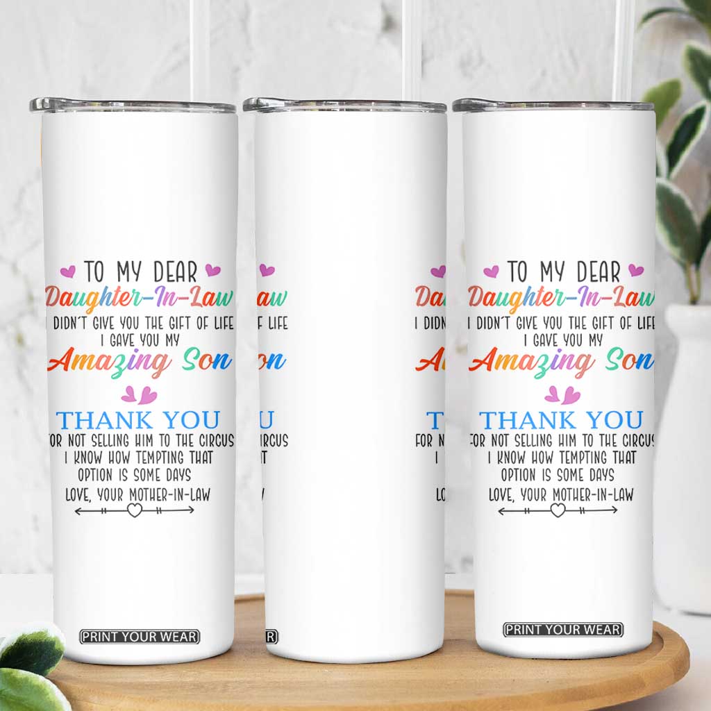 Gifts For Daughter In Law Skinny Tumbler Funny Wedding Day Gift From Mother In Law TB10 Print Your Wear