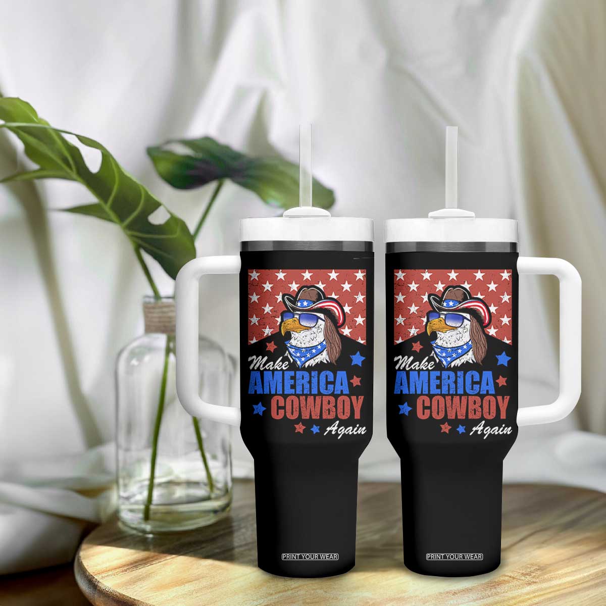 Funny Cowboy Tumbler With Handle Make American Cowboy Again Western Eagle TB10 Print Your Wear