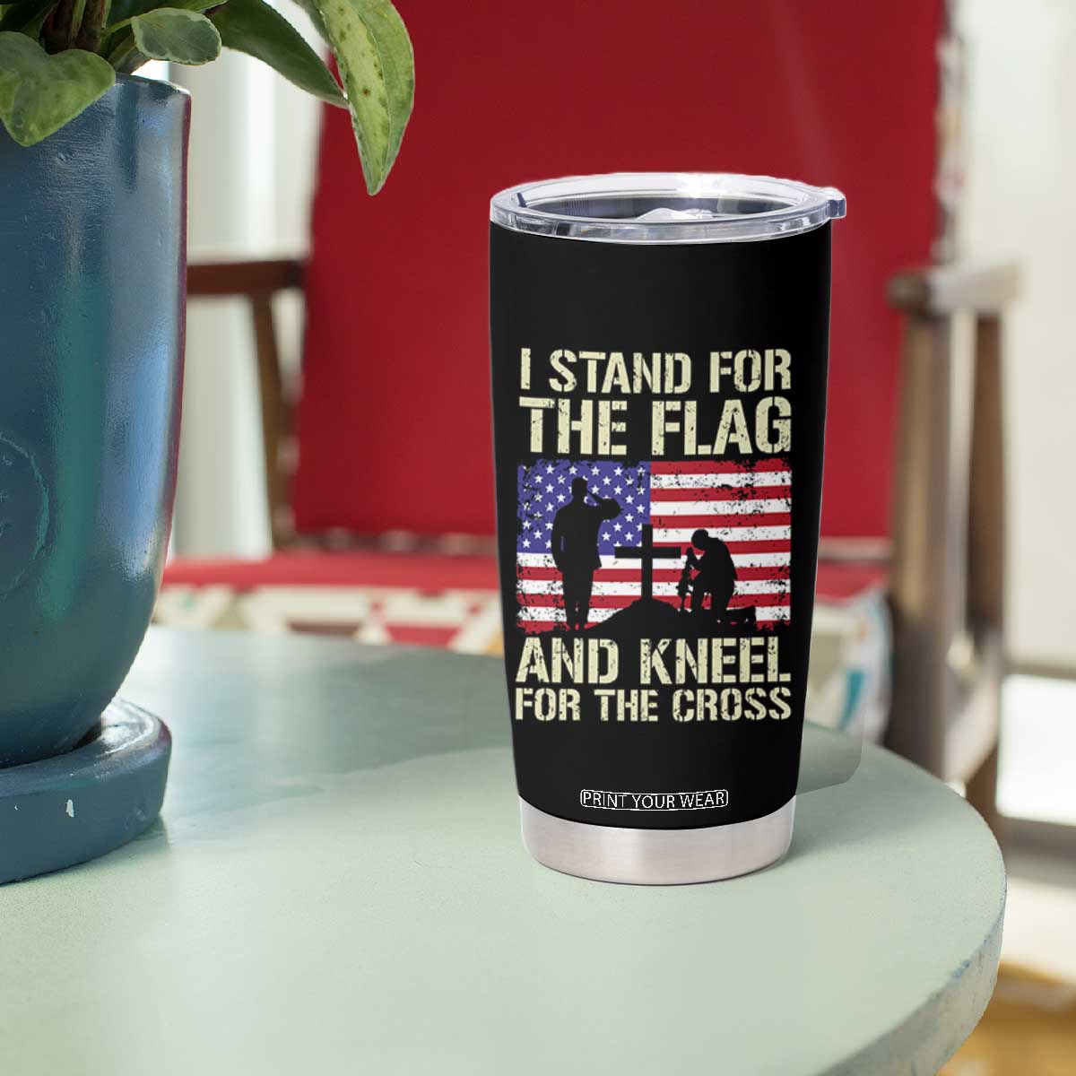 Stand For The Flag Kneel For The Cross Tumbler Cup American Flag 4th Of July Patriotic Christian Faith TB10 Print Your Wear