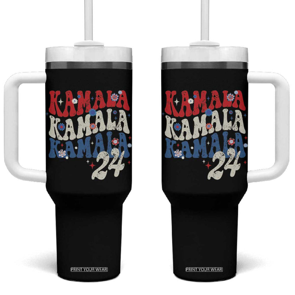 Harris 2024 Tumbler With Handle Kamala Retro Groovy Flower TB10 One Size: 40 oz Black Print Your Wear