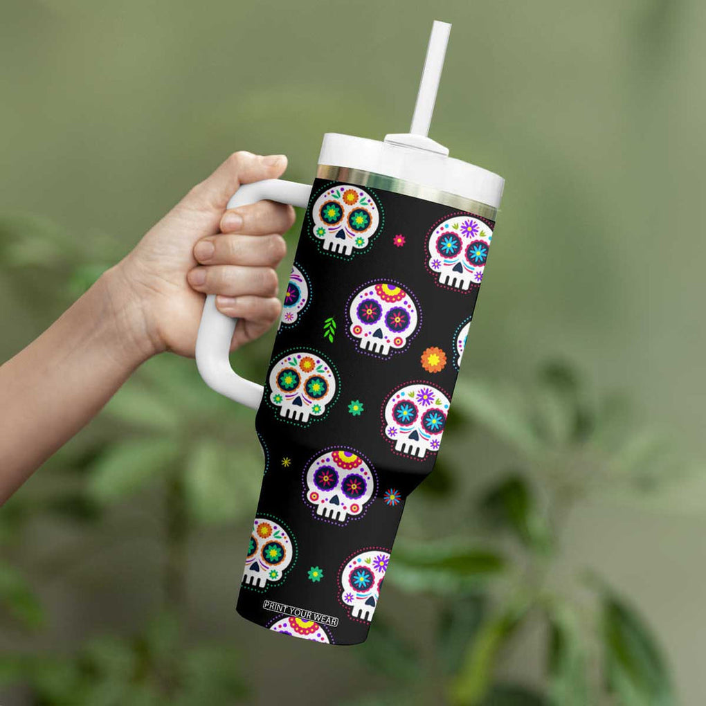 Personalized Sugar Skull Tumbler With Handle Custom Name Da De Los Muertos Day Of The Dead Halloween Gift TB10 Print Your Wear