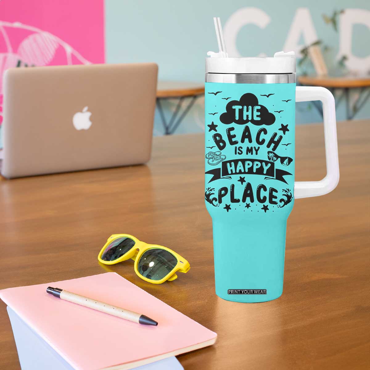 Beach Vacation Tumbler With Handle The Beach Is My Happy Place Summer Holiday Gift TB10 Print Your Wear