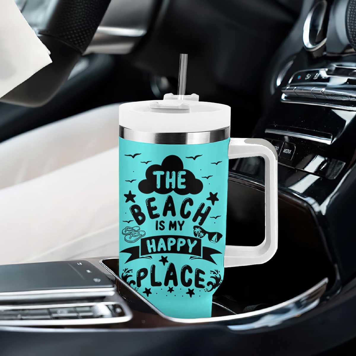 Beach Vacation Tumbler With Handle The Beach Is My Happy Place Summer Holiday Gift TB10 Print Your Wear