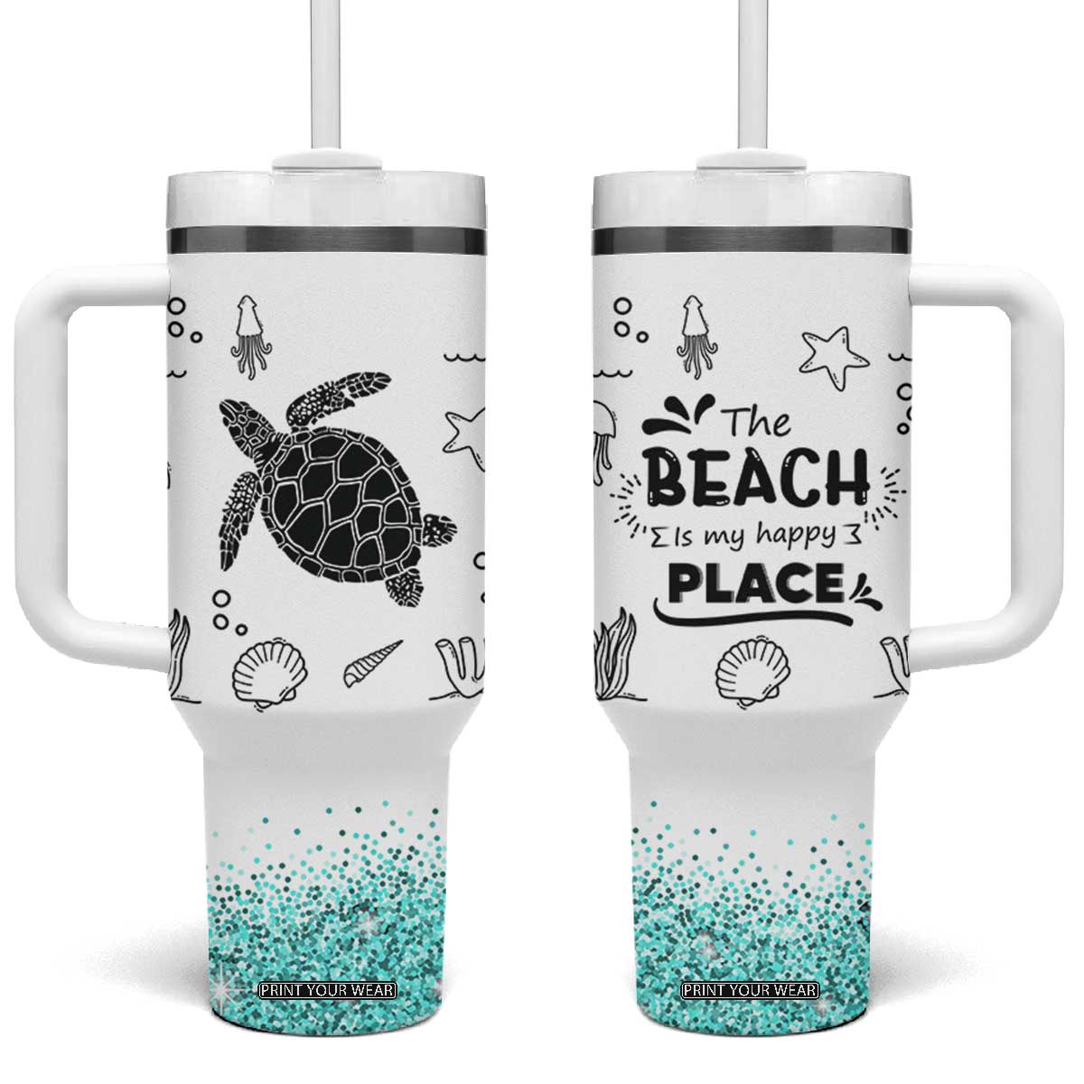 Beach Tumbler With Handle Ocean Animals The Beach Is My Happy Place Summer Holiday Gift TB10 One Size: 40 oz White Print Your Wear