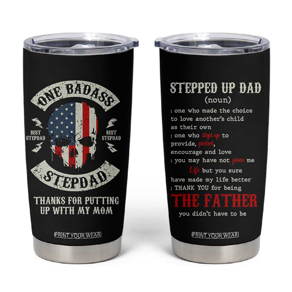 One Badass Stepdad Tumbler Cup Best Effin Bonus Dad Gifts Stepped Up Dads US Flag Skull TB10 Black Print Your Wear