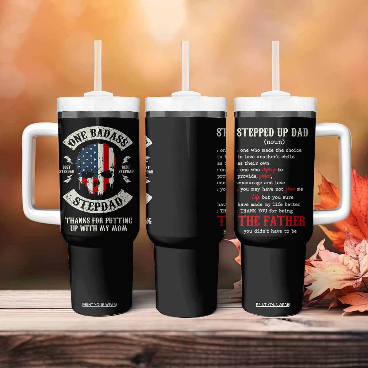 One Badass Stepdad Tumbler With Handle Best Effin Bonus Dad Gifts Stepped Up Dads US Flag Skull TB10 Print Your Wear