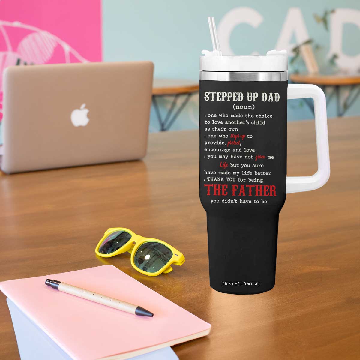 One Badass Stepdad Tumbler With Handle Best Effin Bonus Dad Gifts Stepped Up Dads US Flag Skull TB10 Print Your Wear