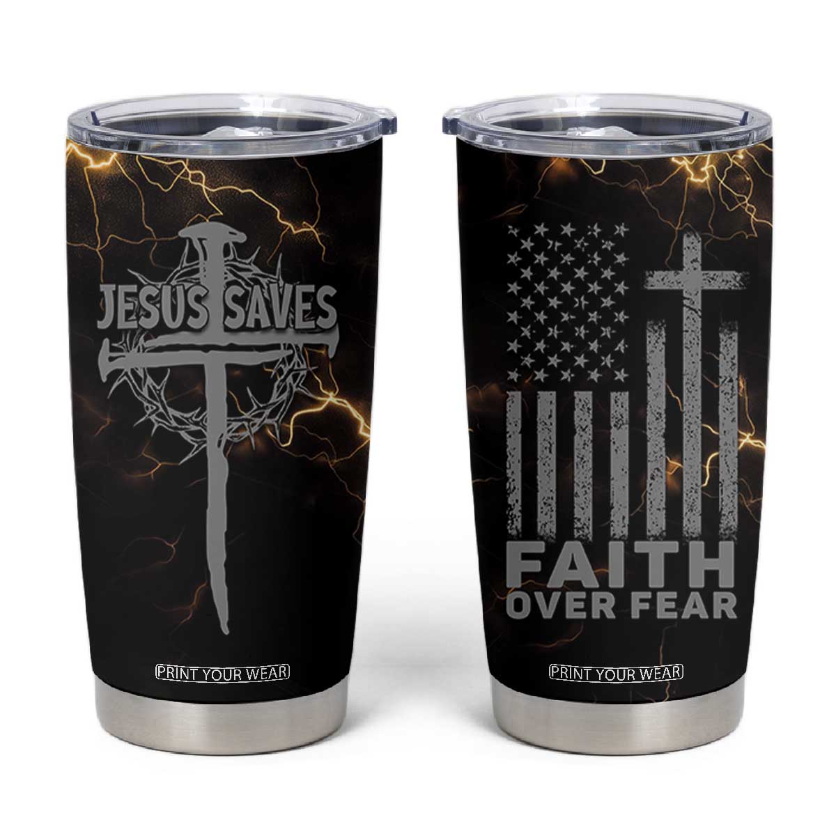 Christian Faith Over Fear Tumbler Cup Religious Jesus Saves Cross US Flag Prayer Patriotic TB10 Black Print Your Wear