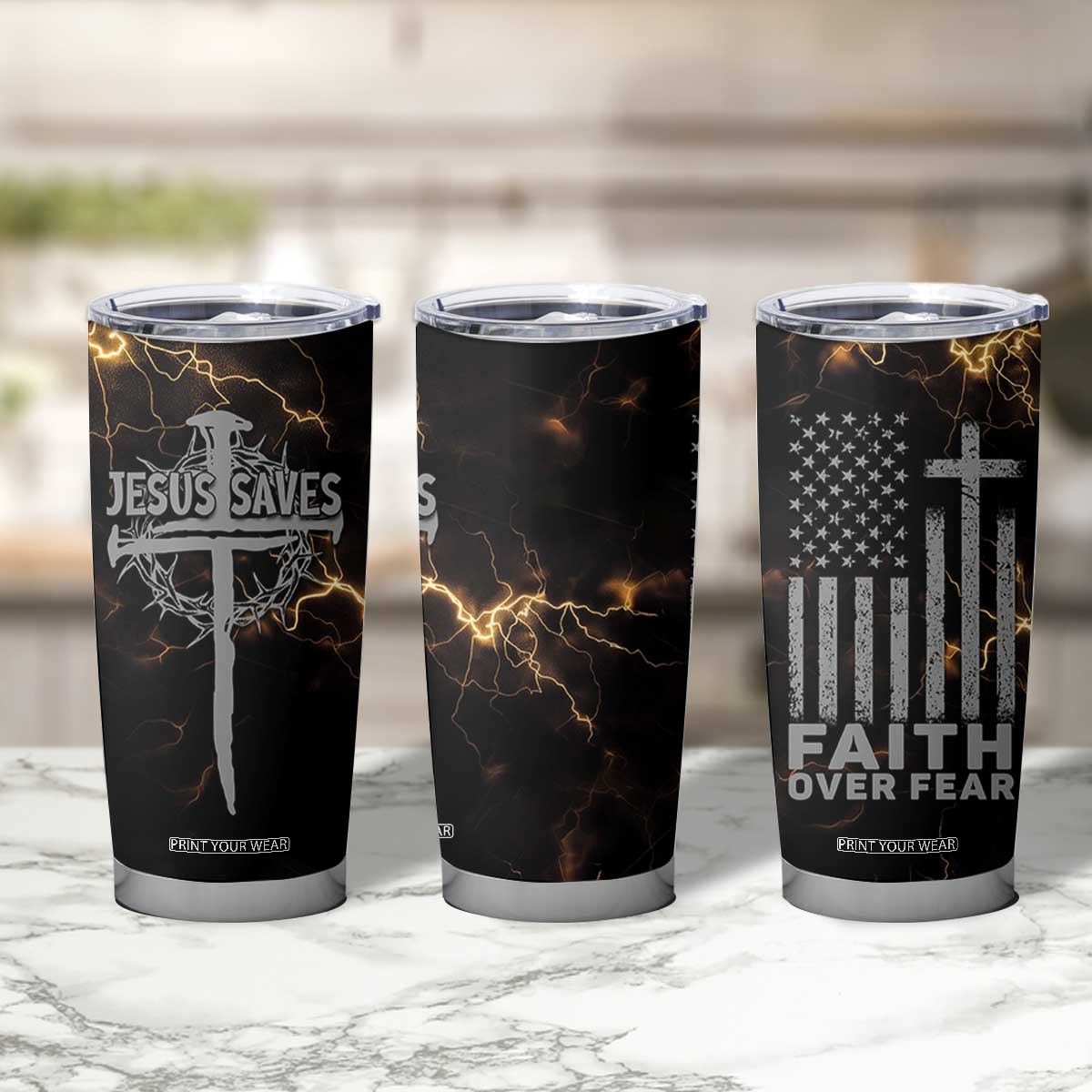 Christian Faith Over Fear Tumbler Cup Religious Jesus Saves Cross US Flag Prayer Patriotic TB10 Print Your Wear