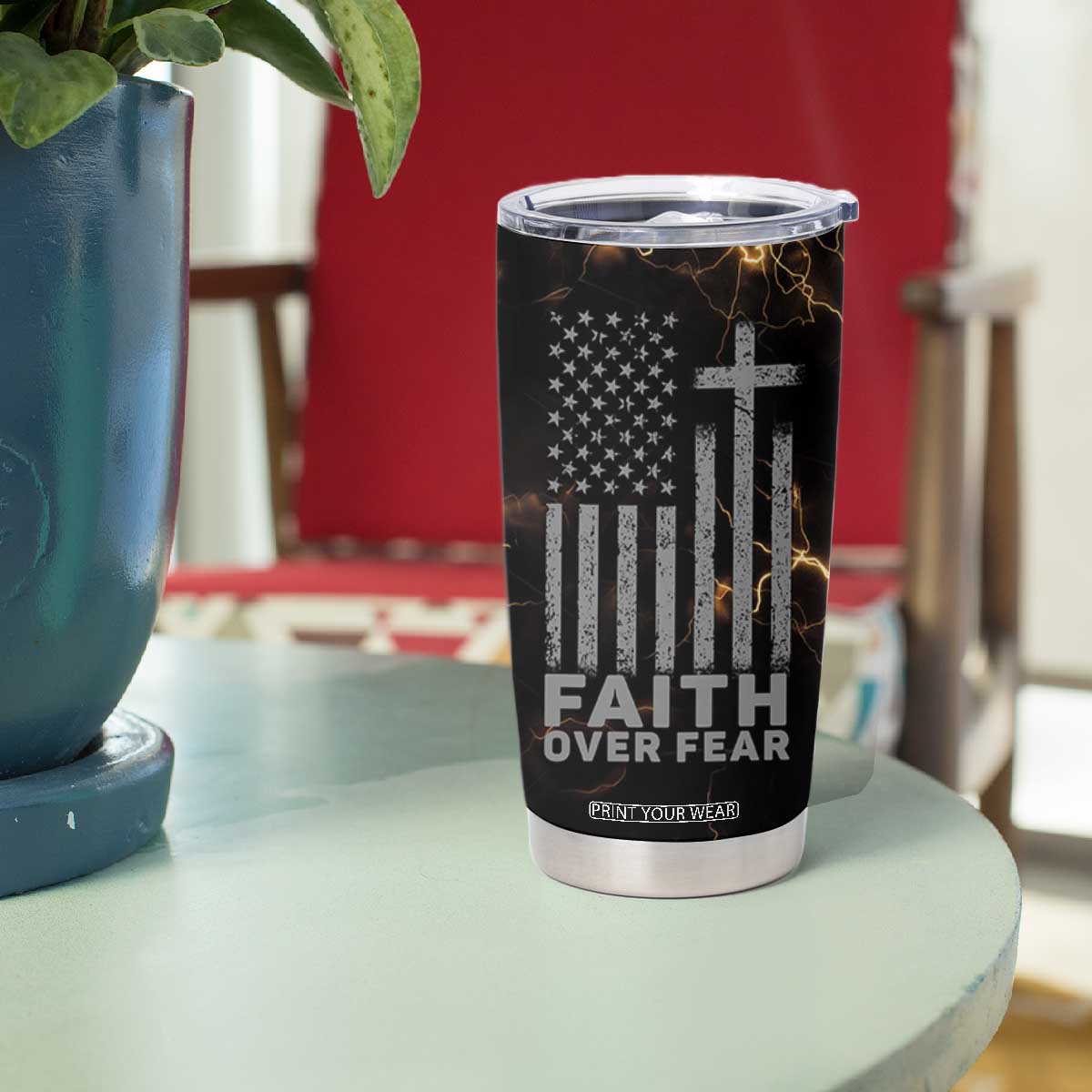 Christian Faith Over Fear Tumbler Cup Religious Jesus Saves Cross US Flag Prayer Patriotic TB10 Print Your Wear