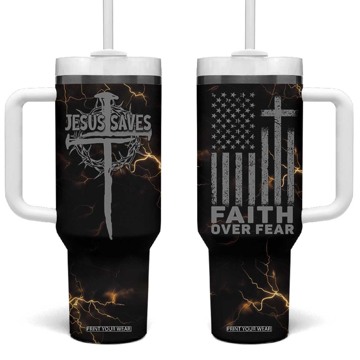 Christian Faith Over Fear Tumbler With Handle Religious Jesus Saves Cross US Flag Prayer Patriotic TB10 One Size: 40 oz Black Print Your Wear