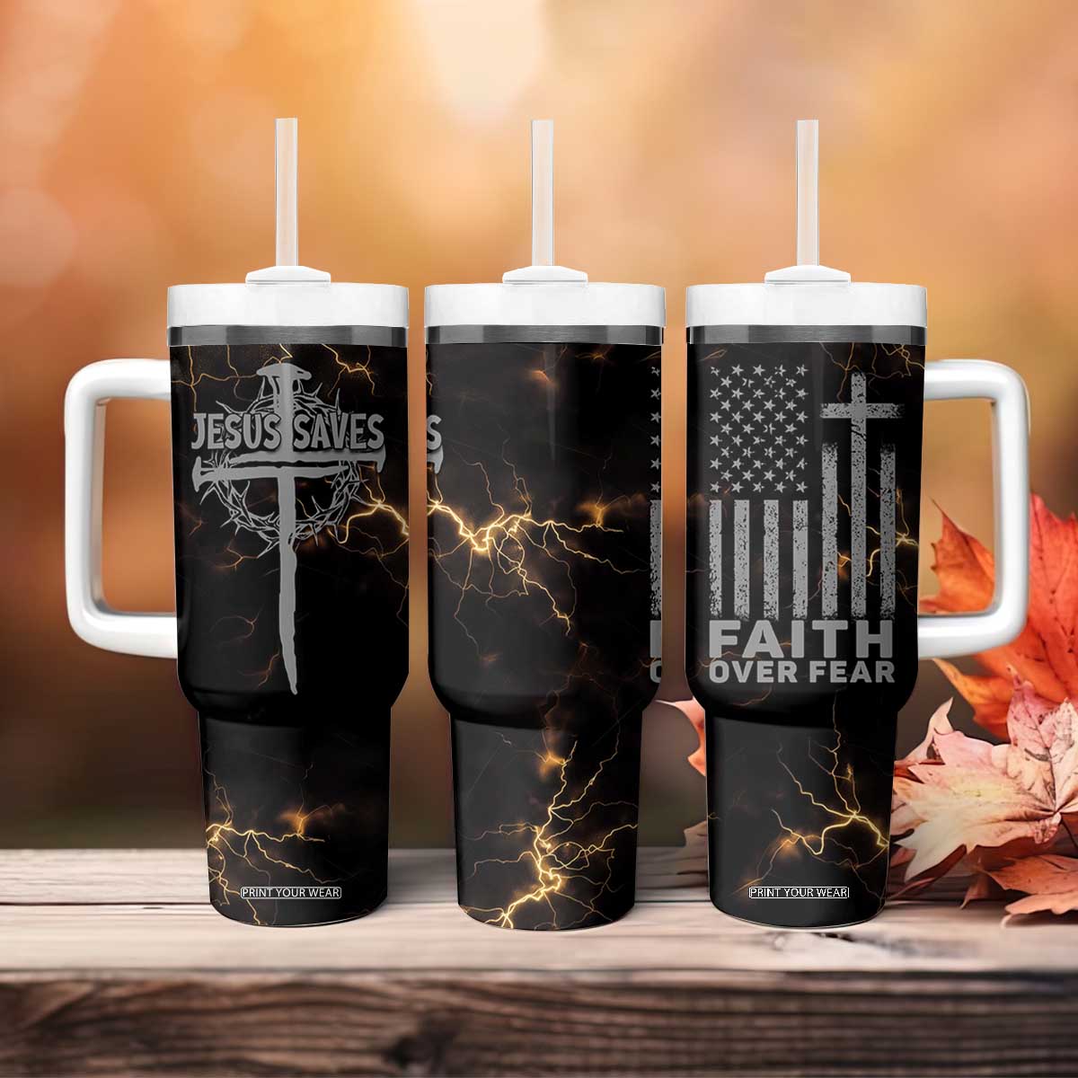 Christian Faith Over Fear Tumbler With Handle Religious Jesus Saves Cross US Flag Prayer Patriotic TB10 Print Your Wear