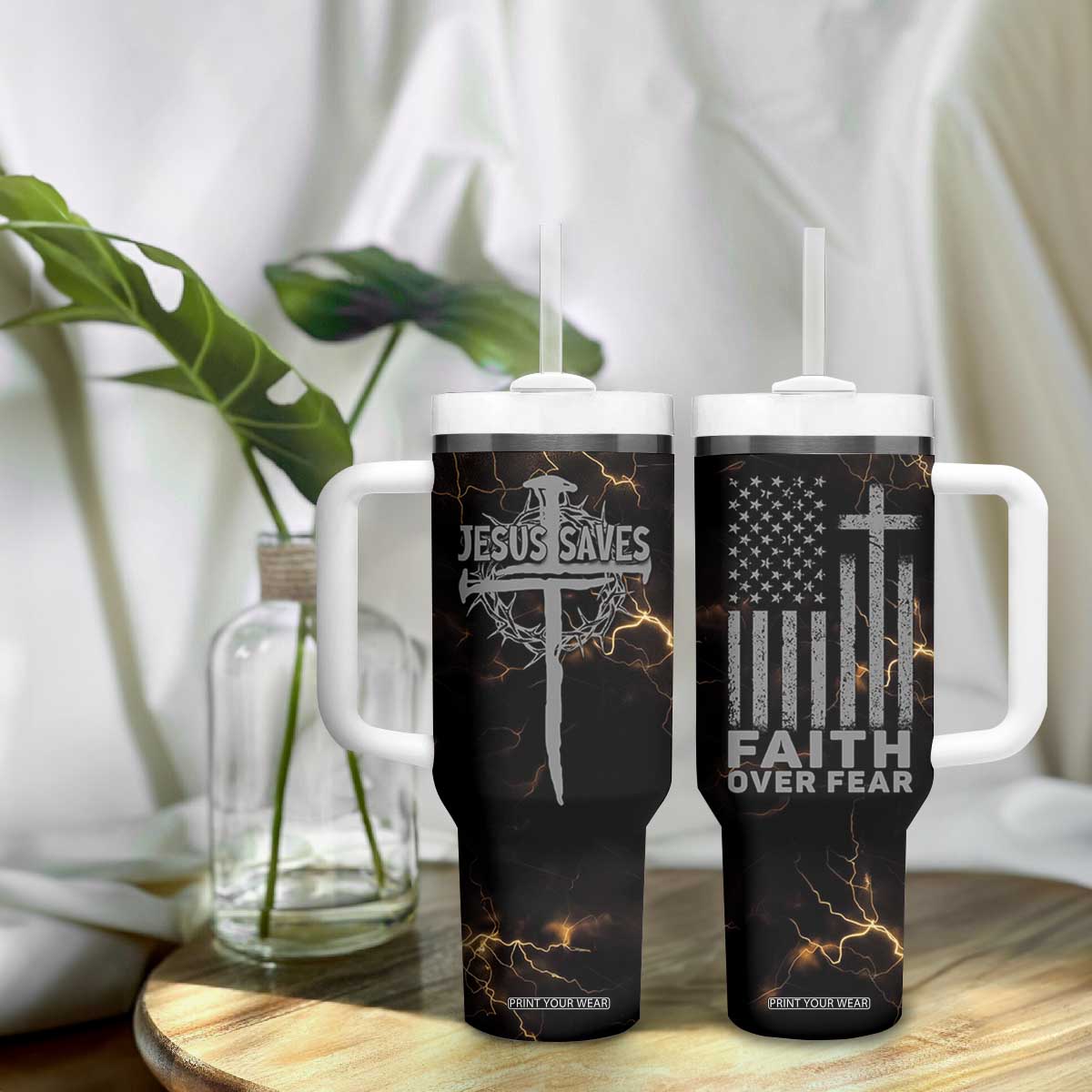 Christian Faith Over Fear Tumbler With Handle Religious Jesus Saves Cross US Flag Prayer Patriotic TB10 Print Your Wear