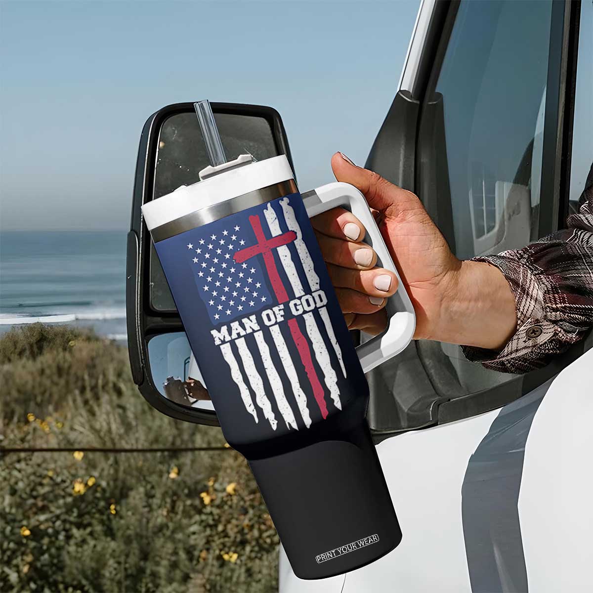 Christian Gifts for Men Tumbler With Handle Religious Cross US Flag Prayer Patriotic TB10 Print Your Wear