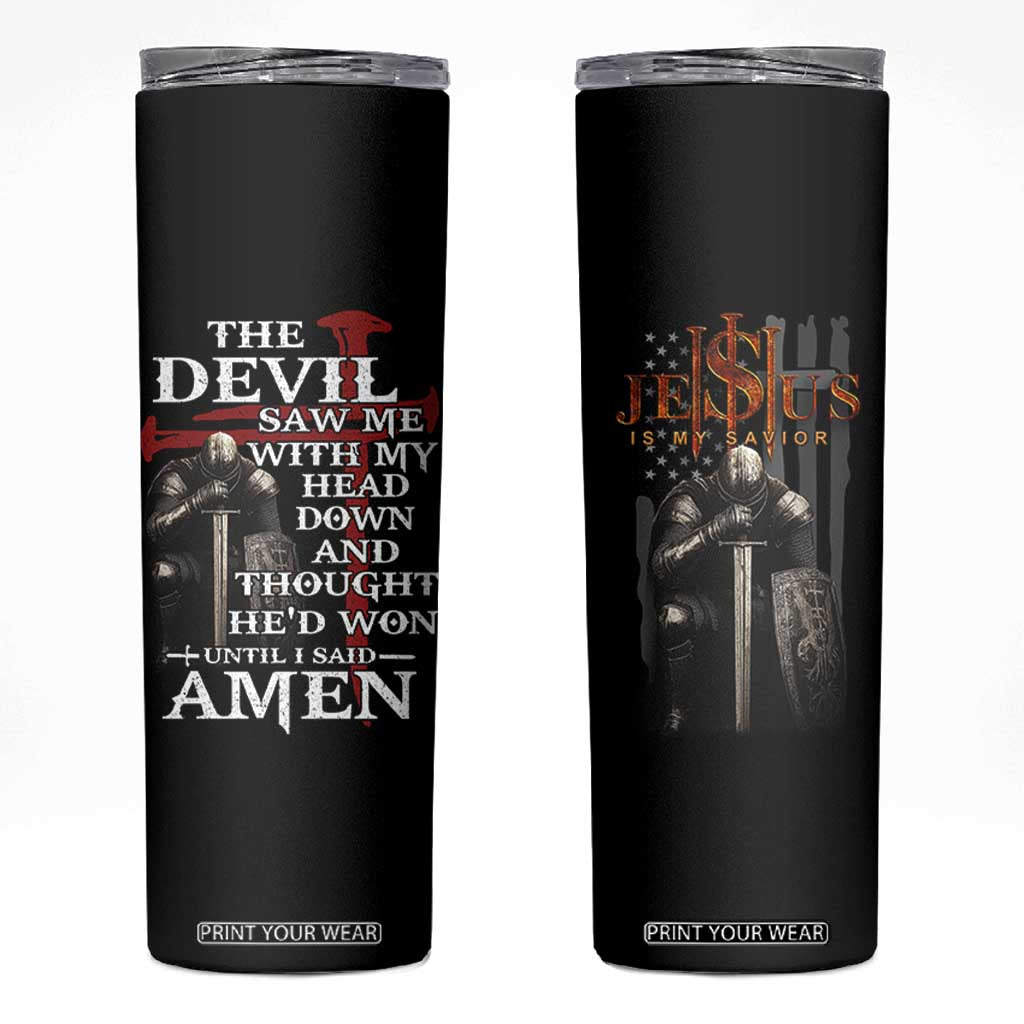 Christian Gifts for Men Skinny Tumbler Jesus Is My Savior Catholic Cross US Flag Prayer Patriotic TB10 Black Print Your Wear