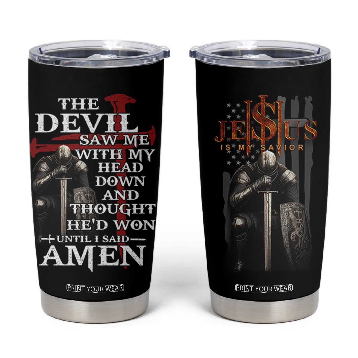 Christian Gifts for Men Tumbler Cup Jesus Is My Savior Catholic Cross US Flag Prayer Patriotic TB10 Black Print Your Wear