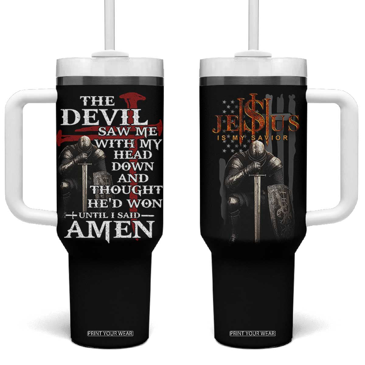 Christian Gifts for Men Tumbler With Handle Jesus Is My Savior Catholic Cross US Flag Prayer Patriotic TB10 One Size: 40 oz Black Print Your Wear