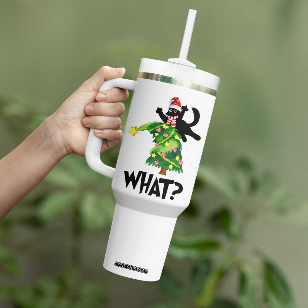 Funny Christmas Black Cat Lover Gifts Tumbler With Handle Christmas Tree Over Cat What? TB10 Print Your Wear