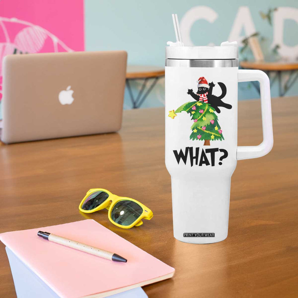 Funny Christmas Black Cat Lover Gifts Tumbler With Handle Christmas Tree Over Cat What? TB10 Print Your Wear