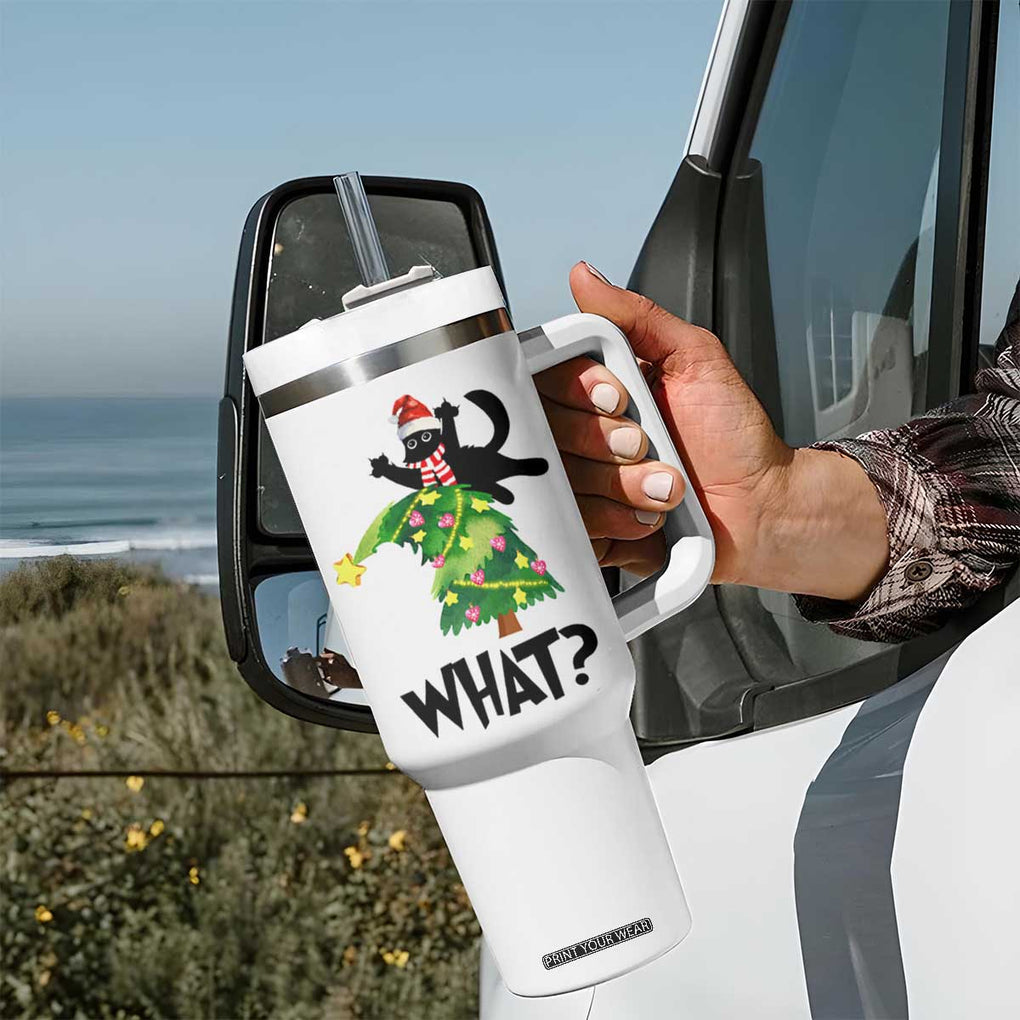 Funny Christmas Black Cat Lover Gifts Tumbler With Handle Christmas Tree Over Cat What? TB10 Print Your Wear