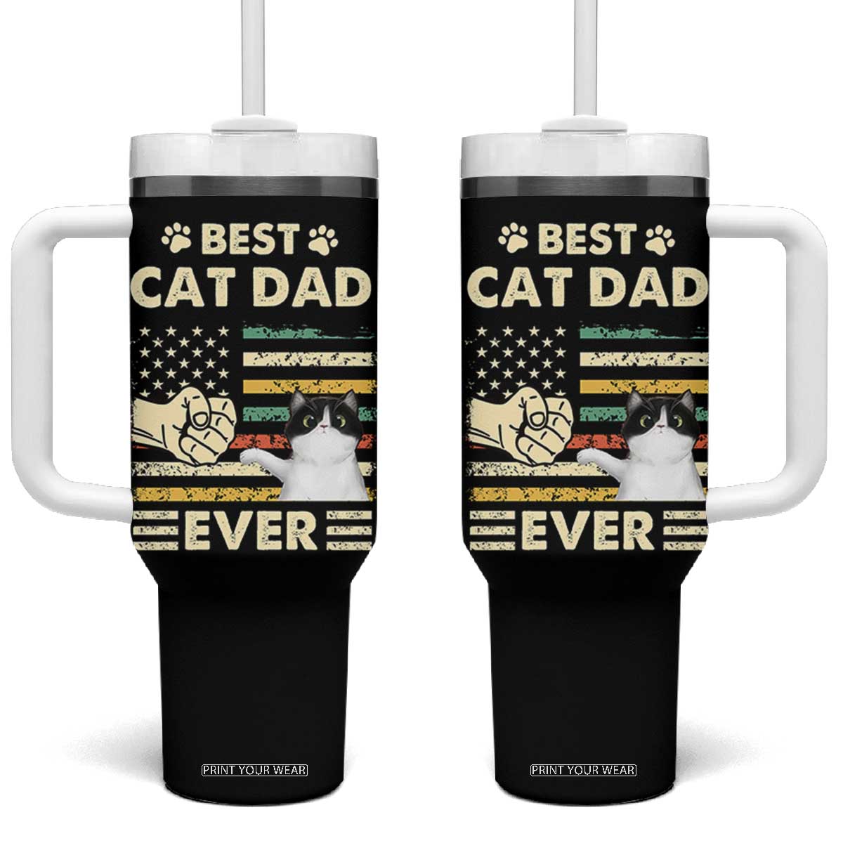 Best Cat Dad Ever Tumbler With Handle Funny Cat Lover Gift Retro American Flag TB10 One Size: 40 oz Black Print Your Wear