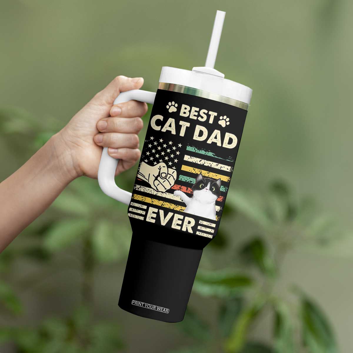 Best Cat Dad Ever Tumbler With Handle Funny Cat Lover Gift Retro American Flag TB10 Print Your Wear