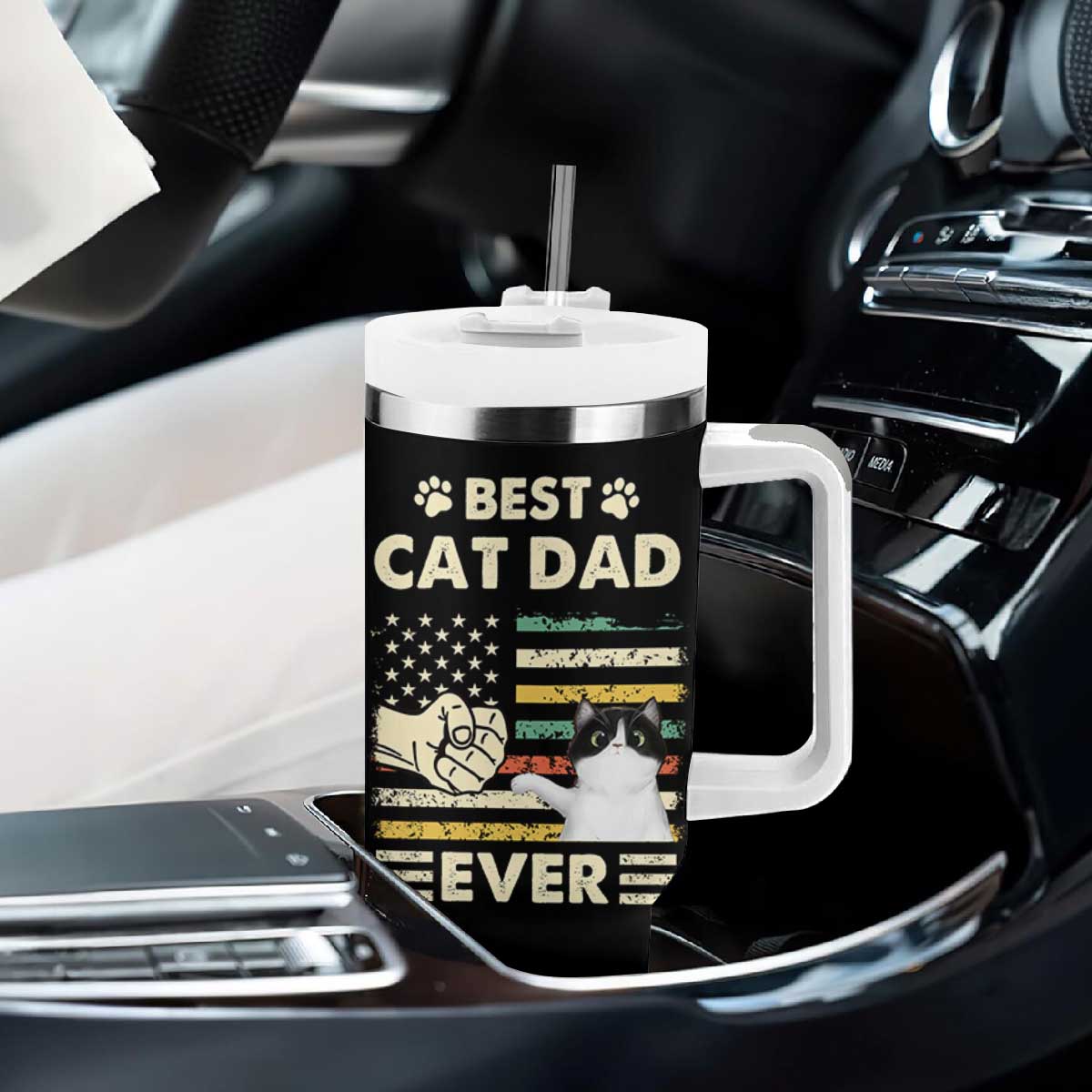 Best Cat Dad Ever Tumbler With Handle Funny Cat Lover Gift Retro American Flag TB10 Print Your Wear