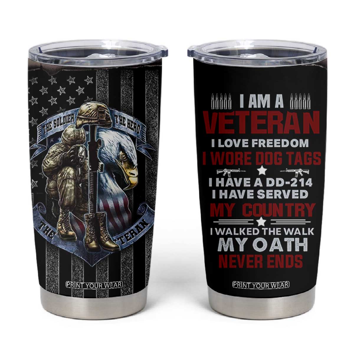 Proud Veteran Tumbler Cup DD-214 Armed Forces Military Alumni American Flag TB10 Black Print Your Wear