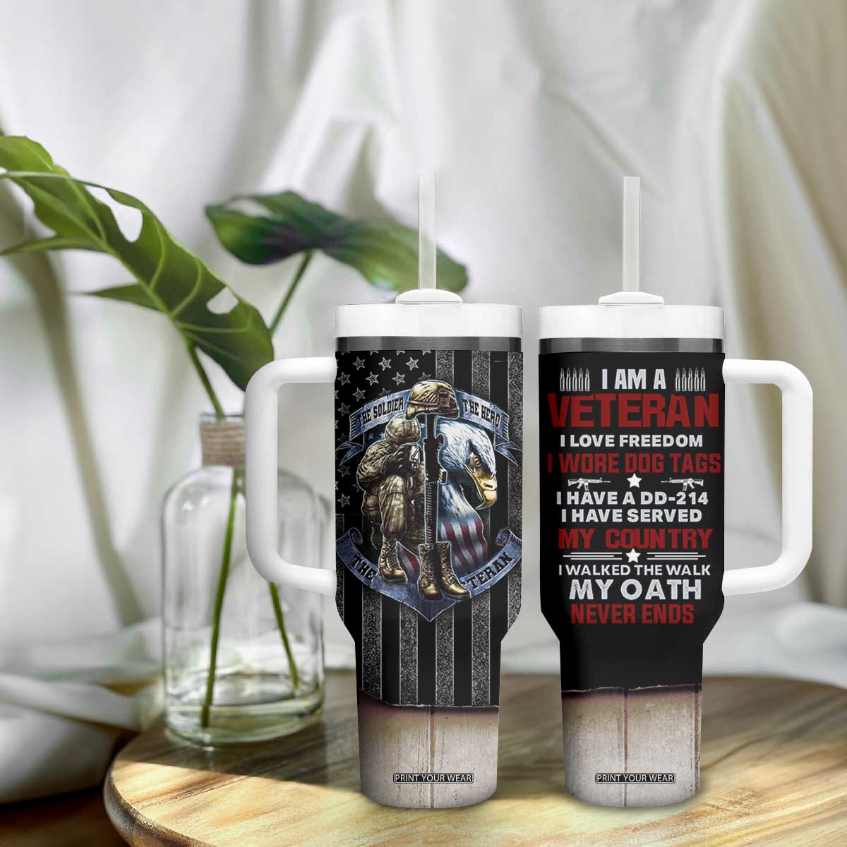 Proud Veteran Tumbler With Handle DD-214 Armed Forces Military Alumni American Flag TB10 Print Your Wear