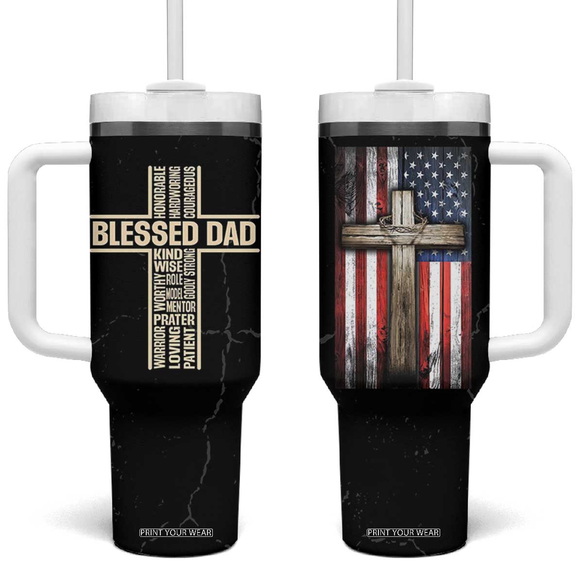 Christian Dad Tumbler With Handle Blessed Dad Cross Fathers Day TB10 One Size: 40 oz Black Print Your Wear