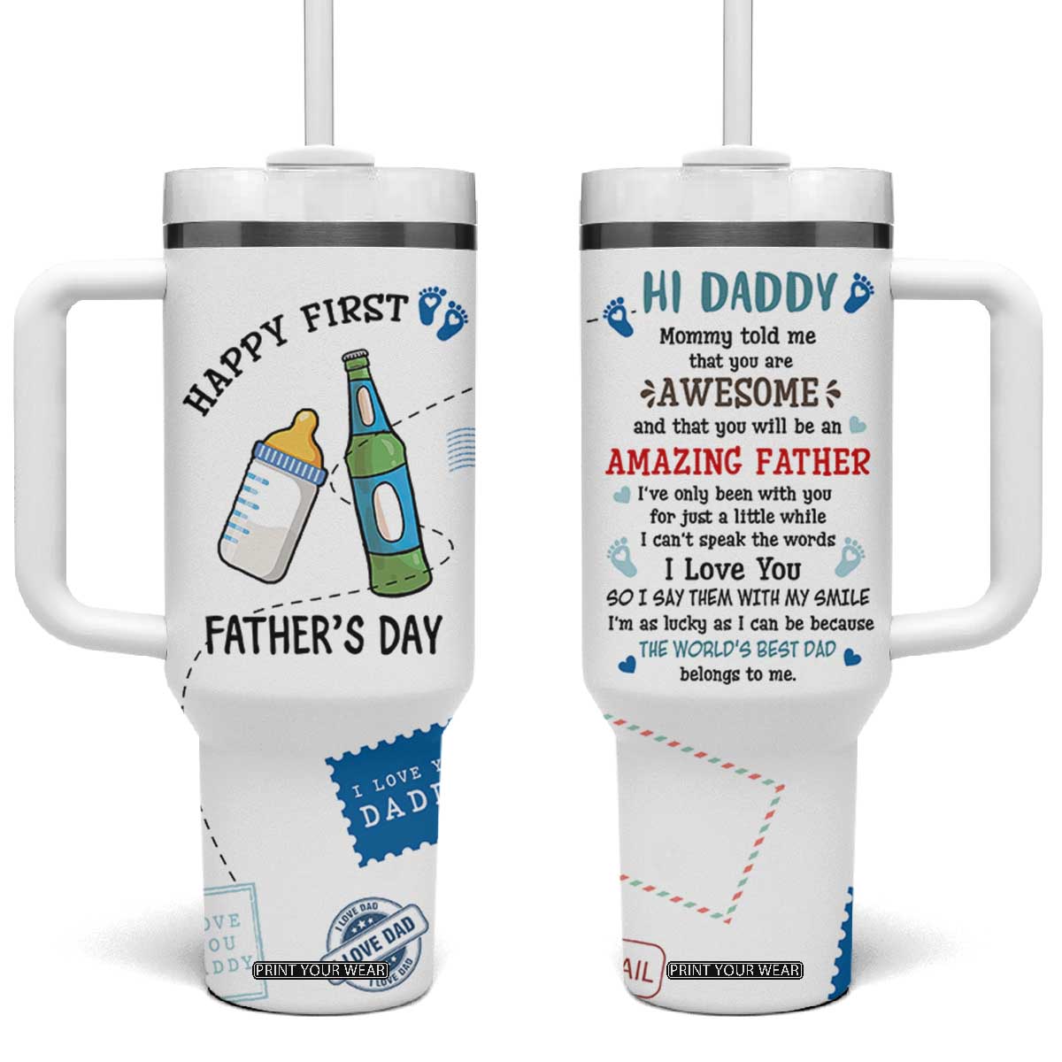 First Fathers Day Tumbler With Handle New Baby 1st Daddy Gifts Ideas TB10 One Size: 40 oz White Print Your Wear