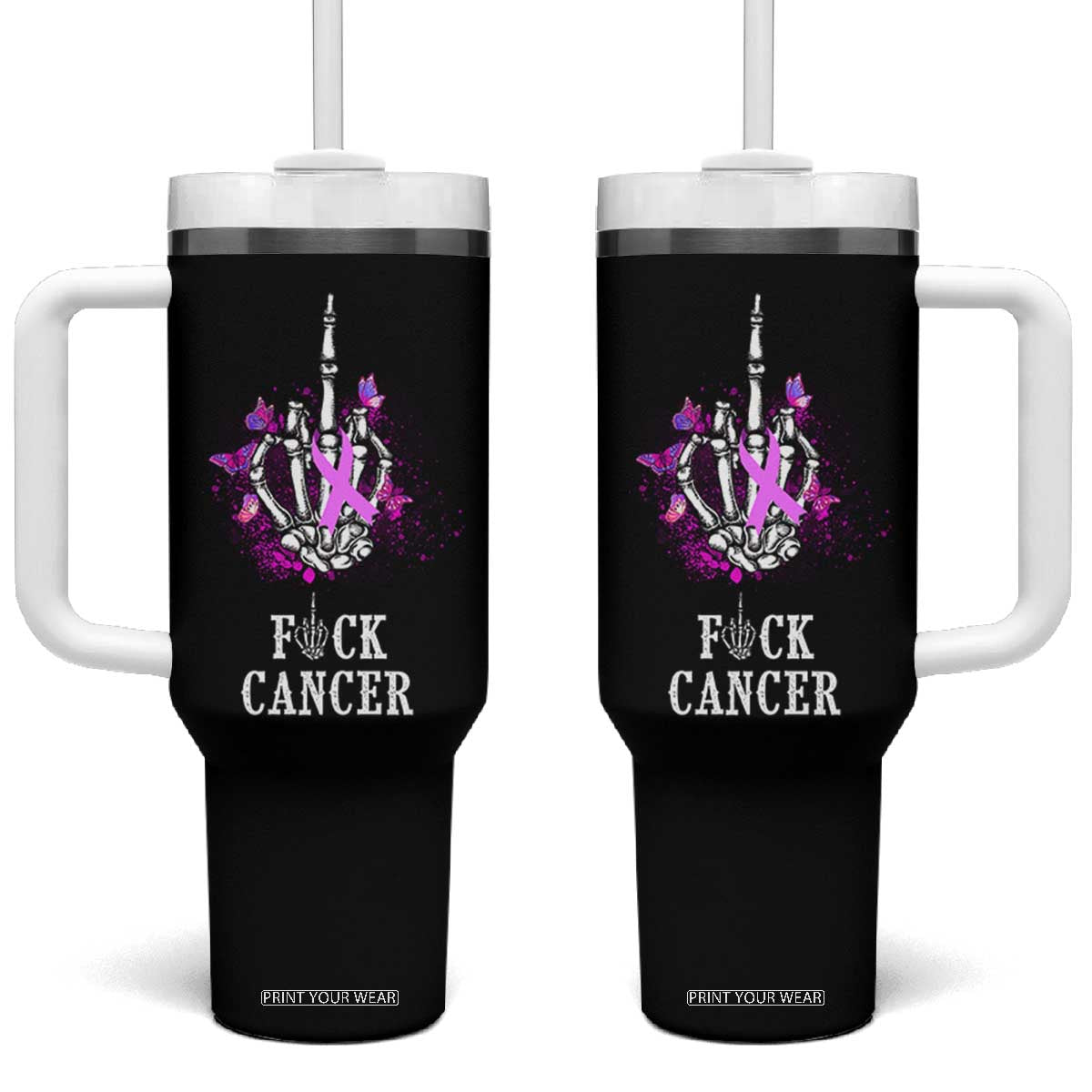 Pink Ribbon Fck Cancer Tumbler With Handle Recovery Support Gifts For Survivors TB10 One Size: 40 oz Black Print Your Wear