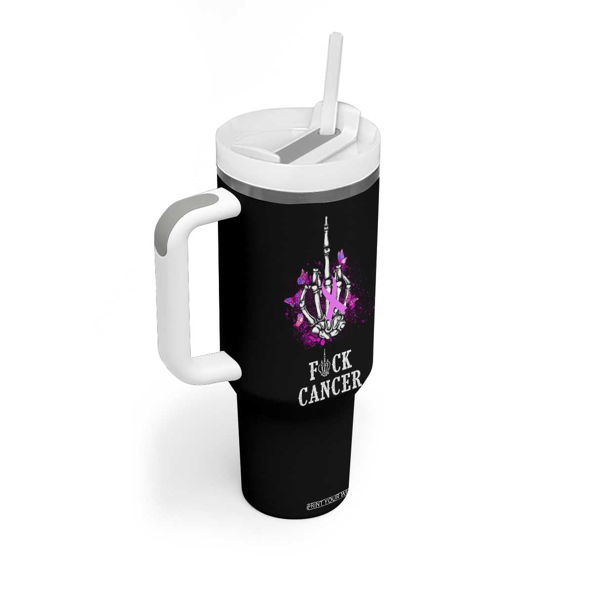 Pink Ribbon Fck Cancer Tumbler With Handle Recovery Support Gifts For Survivors TB10 Print Your Wear