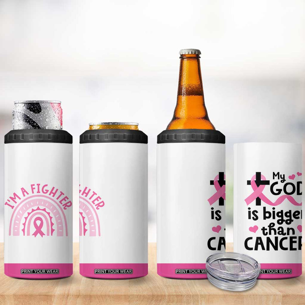 Breast Cancer Awareness 4 in 1 Can Cooler Tumbler Pink Ribbon My God is Stronger Than Cancer Christian Gift TB10 Print Your Wear