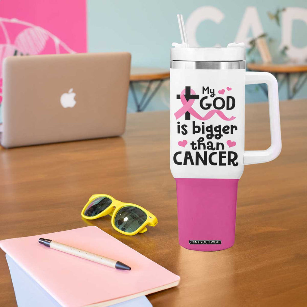 Breast Cancer Awareness Tumbler With Handle Pink Ribbon My God is Stronger Than Cancer Christian Gift TB10 Print Your Wear