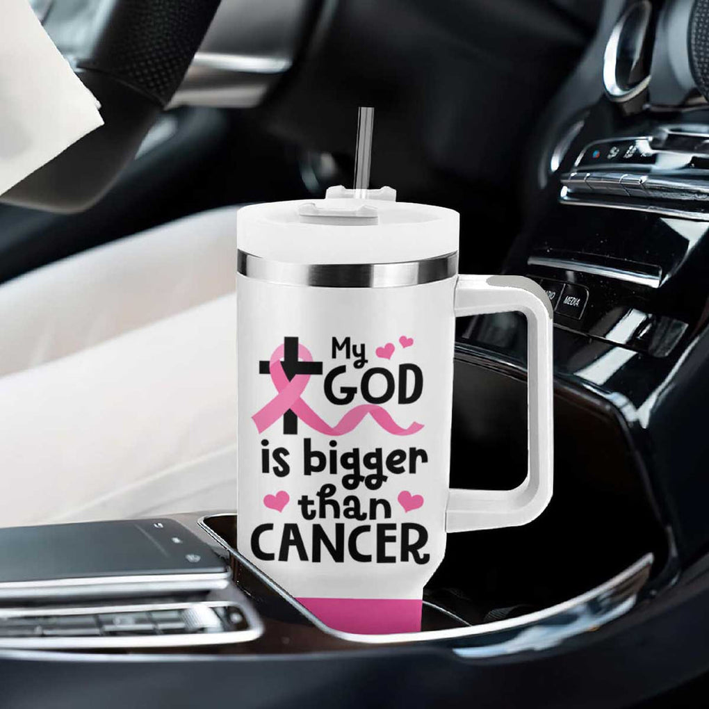 Breast Cancer Awareness Tumbler With Handle Pink Ribbon My God is Stronger Than Cancer Christian Gift TB10 Print Your Wear