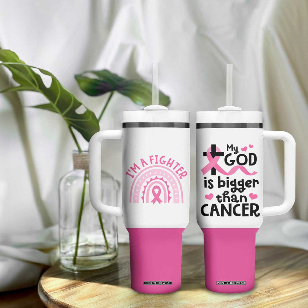 Breast Cancer Awareness Tumbler With Handle Pink Ribbon My God is Stronger Than Cancer Christian Gift TB10 Print Your Wear