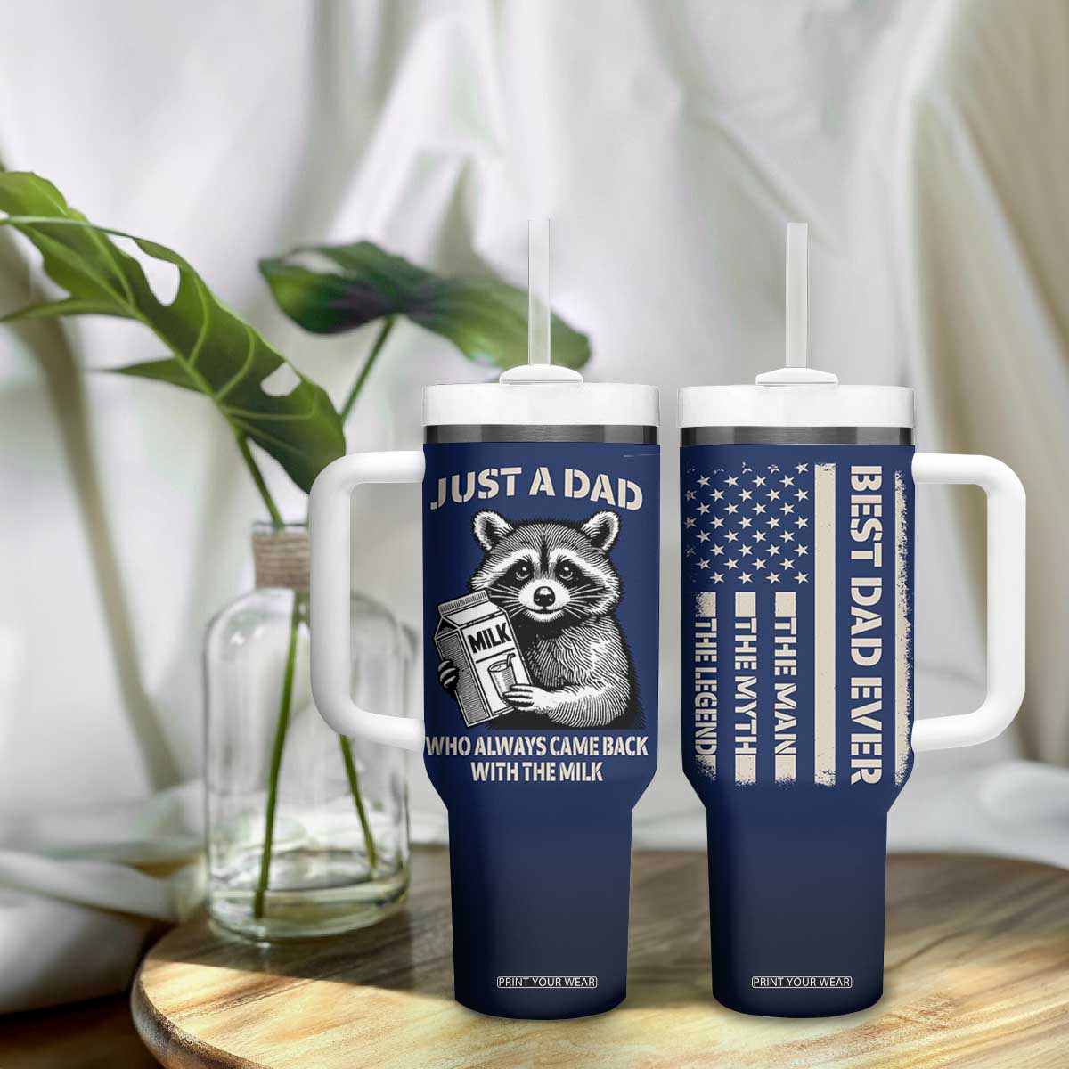 Just A Dad Who Came Back With The Milk Tumbler With Handle Father's Day Raccoon Dark Humor TB10 Print Your Wear