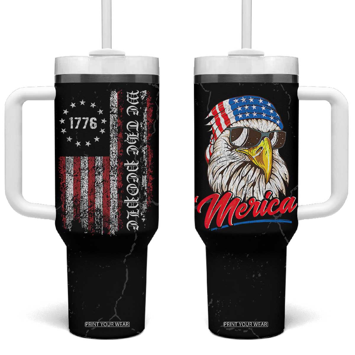 American Flag Tumbler With Handle We The People Bald Eagle Patriotic TB10 One Size: 40 oz Black Print Your Wear